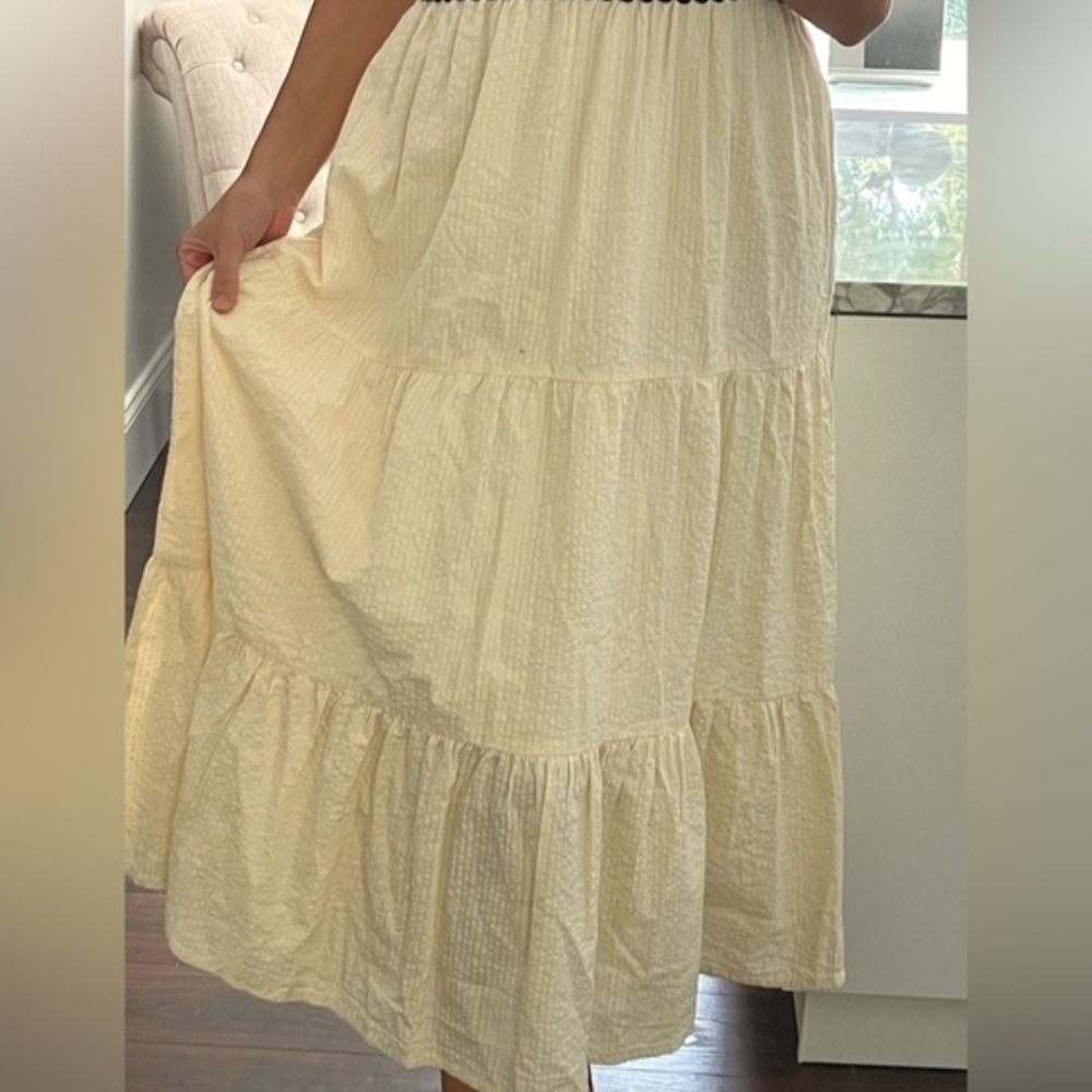 Japna Cream Cotton Tiered Midi Dress Black Ric Rac Trim Smocked Boho S - Picture 5 of 10